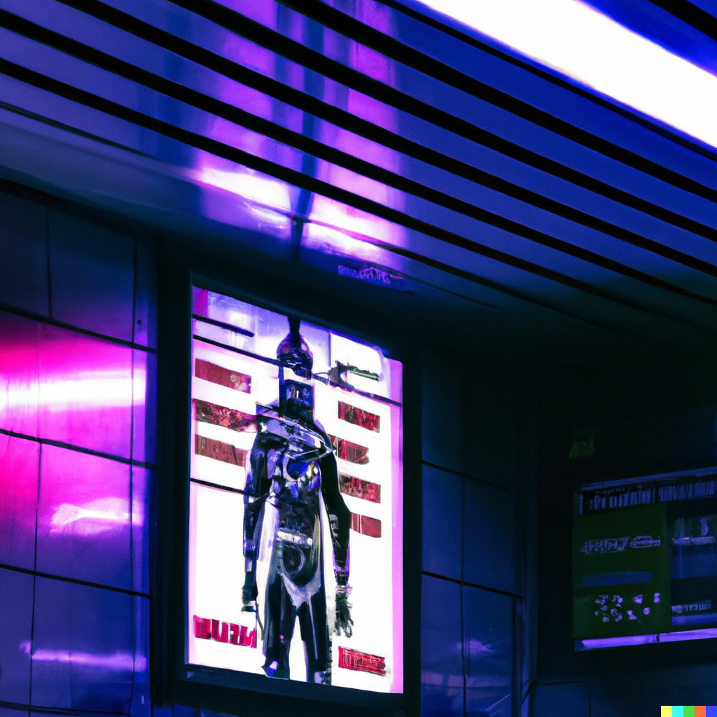 A futuristic cyborg poster hanging in a neon lit subway station