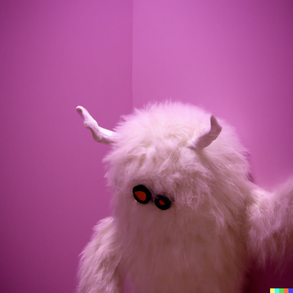 A photo of a white fur monster standing in a purple room