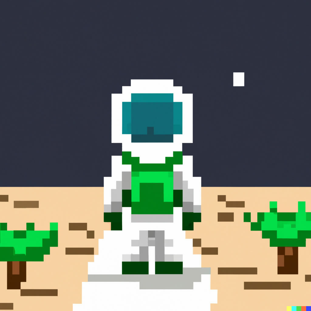 A pixel art of an astronaut walking in a green desert 
